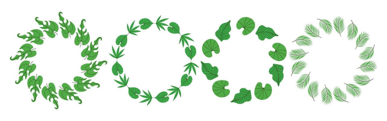 Set of round frames made of tropical leaves. Simple green leaf design. Decoration template for cards, wedding invitations and birthday greetings.