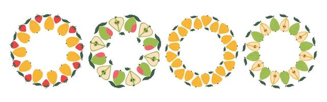 Circular fruit frame set with pears design and copy space. Hand drawn doodle border. Suitable for summer posters, banners, invitations, packaging, and branding. vector