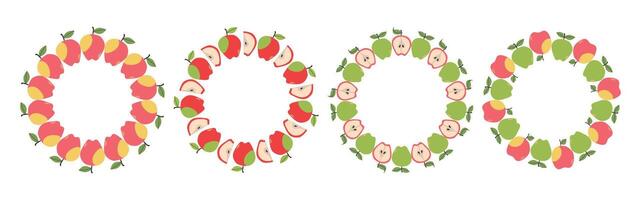 Circular fruit frame set with apple design and copy space. Hand drawn doodle border. Suitable for summer posters, banners, invitations, packaging, and branding. vector