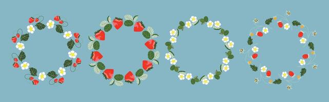 Fruit themed circular frame set. Strawberry inspired design with copy space. Hand drawn doodle style border. Perfect for summer posters, banners, covers, invitations, packaging, and branding. vector