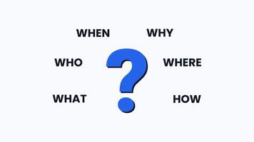 Animated blue question mark with six question words. Perfect for concepts like problem solving, investigation, curiosity, analysis, decision making, and research. video