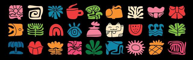 Various Doodle icons. Playful hand drawn doodle set with retro groovy summer elements in Matisse-inspired style. Includes floral motifs, leaf shapes, fish, fruits, rainbow, sea, and sun. vector