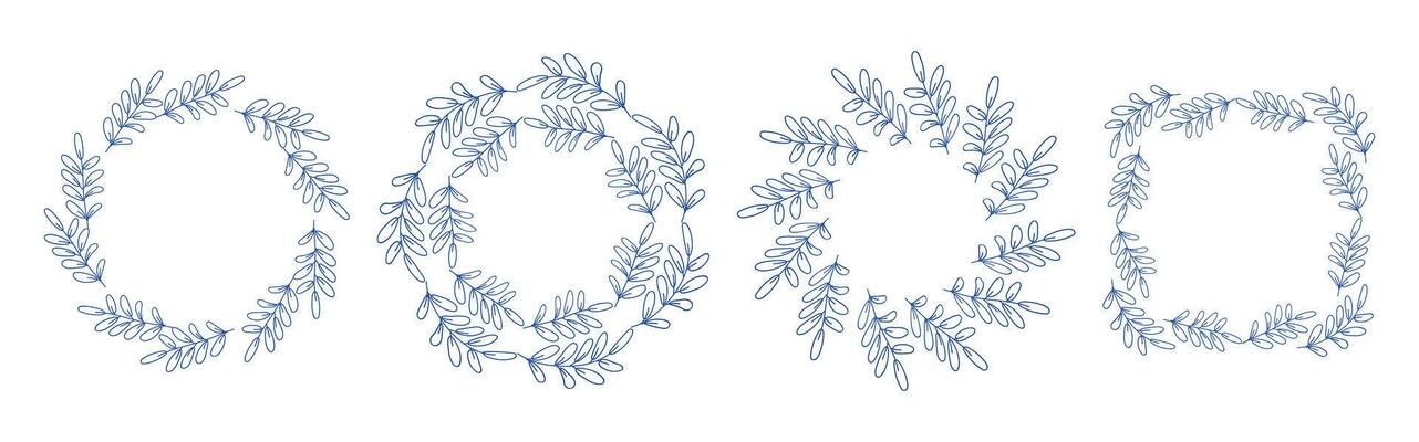 Mediterranean blue branches circular frame set. Minimal hand drawn design with leaves. Perfect for wedding invitations, cards, logo design, and posters.