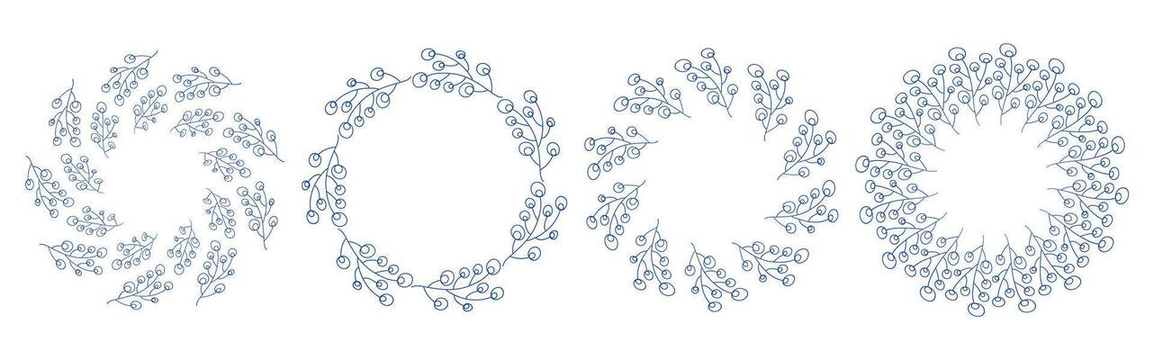 Trendy mediterranean blue branches circular frame set. Minimal hand drawn design with leaves. Perfect for wedding invitations, cards, logo design, and posters.