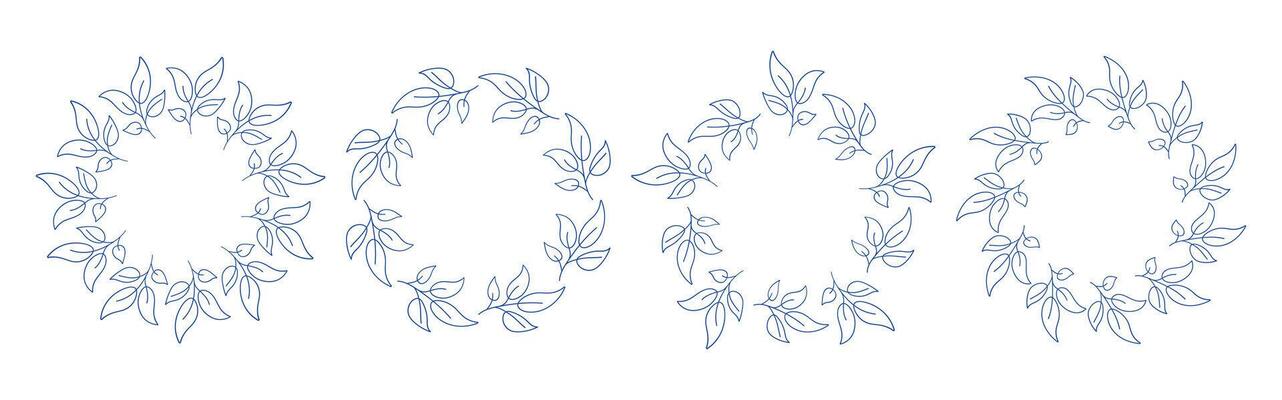 Mediterranean blue branches circle frame set. Elegant style floral set. Hand drawn round line border, leaves and flowers, wedding invitation and cards, logo design and posters template.