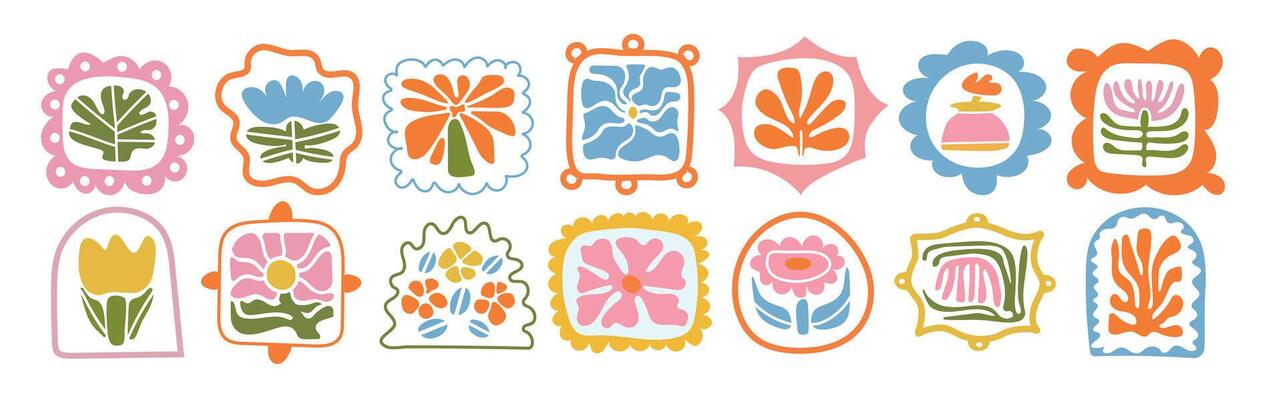 Set of vibrant floral frame illustrations in vintage style. Decorative geometric compositions with natural spring flowers and botanical elements. Perfect for seasonal design projects.