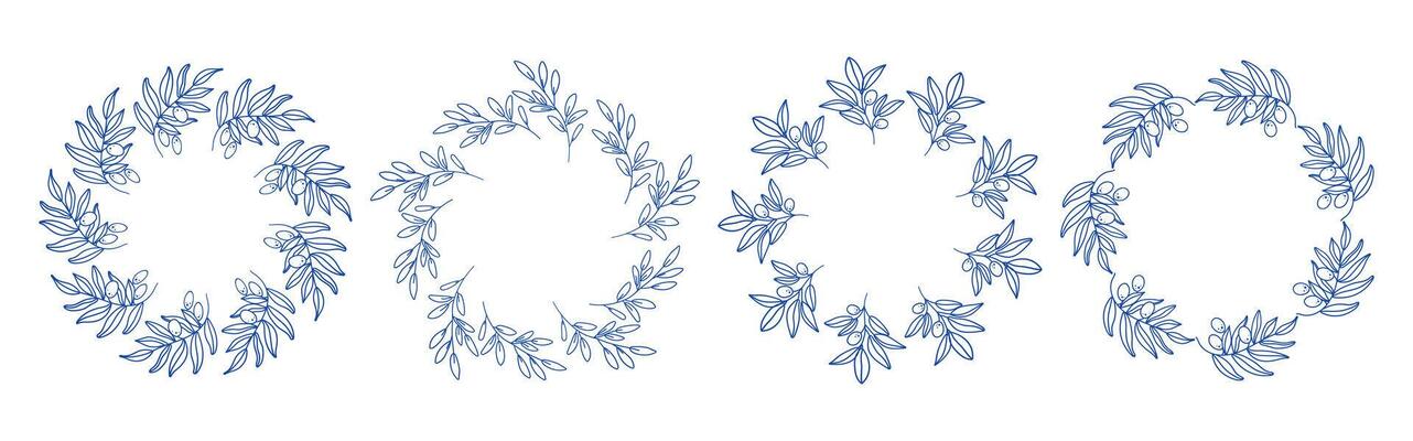 Mediterranean blue branches circle frame set. Elegant minimal style floral set. Hand drawn round line border, leaves and flowers, wedding invitation and cards, logo design and posters template.