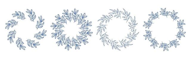 Mediterranean blue branches circle frame set. Hand drawn round line border, leaves and flowers, wedding invitation and cards, logo design and posters template. Elegant minimal style floral set vector