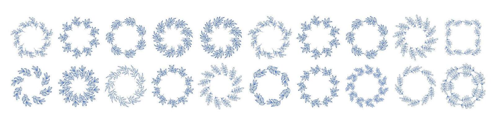Mediterranean blue branches circle frame big set. Minimal hand drawn design with leaves . Ideal for wedding invitations, cards, logos, and posters.
