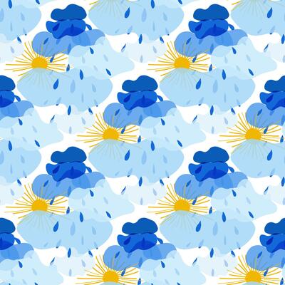 Seamless pattern of yellow sun and clouds of different shades of blue with raindrops in children's style hand drawn for posters, cards, stickers.