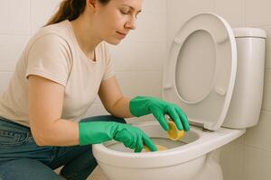 A woman in green rubber gloves kneels beside a toilet, scrubbing the inside with a brush and sponge. She focuses on maintaining cleanliness in her bathroom during her cleaning routine. photo