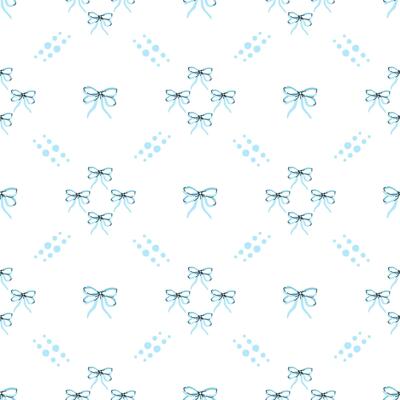 Seamless pattern on diamond mesh with delicate blue gift bows hand drawing. Fashion hair braiding accessory. Cotton fabric pattern for sewing, patchwork, printed fabric, textile fabrics