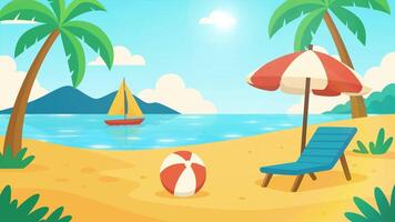 Summer beach scene with beach chair, umbrella and sailboat video