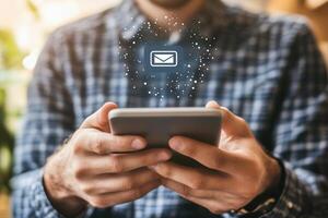 Man using smartphone with email icon photo