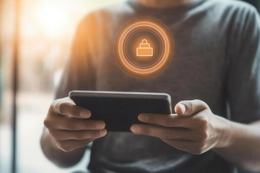 Man holding smartphone with padlock icon on screen photo