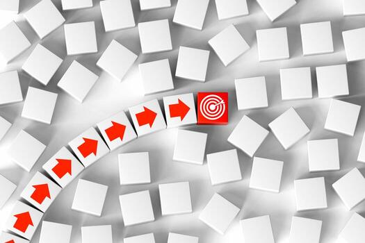 Arrow on white cube points towards a red cube with target board. Concepts of planning, business investment goals, strategy and focus on achieving results. photo