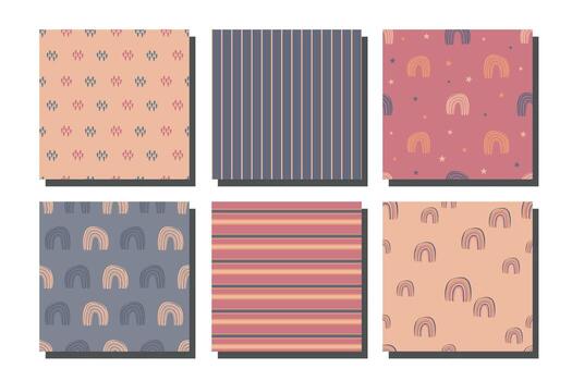 Seamless pattern set featuring hand-drawn rainbows, stars, stripes, and abstract shapes in muted boho colors including peach, mauve, navy, and beige vector