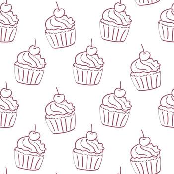 Seamless pattern with cupcake in minimalistic sketch style. Perfect for packaging, wrapping paper, cafe branding, textile design and backgrounds. vector