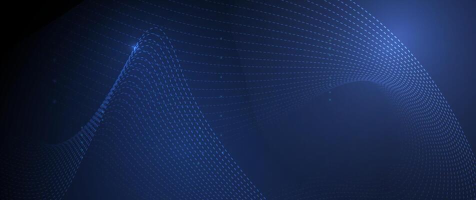 Abstract wave, flow line, motion pattern and particle dot on dark blue background.