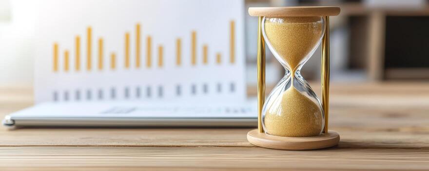 Hourglass on a desk with a graph in the background. Time management goal setting optimization. photo