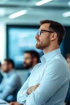 Professional man listening attentively in a modern office setting. Leadership development and influence learning concept. photo