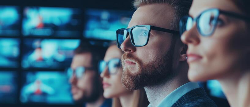 Focused professionals analyzing data on screens. Virtual teams collaboration concept. photo