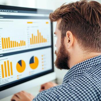 Professional analyzing data on a computer screen with graphs and charts. Digital marketing automation email concept. photo
