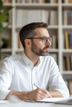 Focused man writing in a notebook, surrounded by books and greenery. Virtual teams with leadership concept. photo