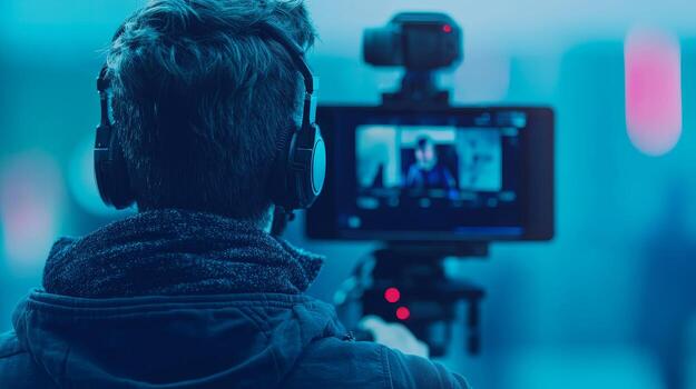 Person filming with a smartphone in a modern, urban setting. Digital marketing with influencer optimization concept. photo