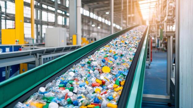 Conveyor belt transporting various recyclable materials in a facility. Renewable resources and recycling supply concept. photo