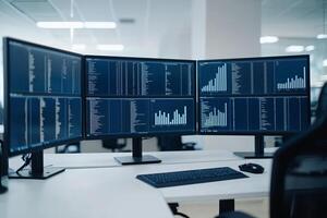 Modern office setup with multiple monitors displaying data analytics. Virtual teams with leadership concept. photo