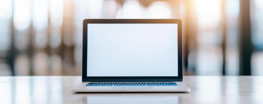 Blank laptop screen on a table in a bright, soft-focus environment. Virtual teams in remote work concept. photo