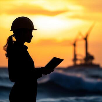 Silhouette of a woman engineer at sunset near an offshore platform. Renewable resources and wave concept. photo