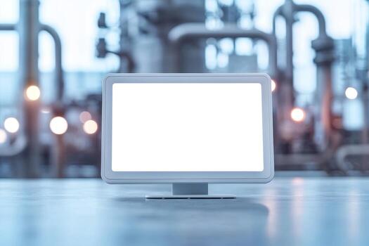 Blank monitor on a table in a blurred industrial setting. Renewable resources geothermal and sustainability efficiency concept. photo