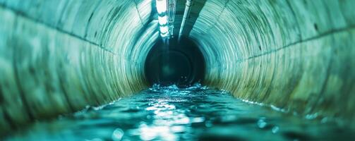 Underground tunnel with flowing water and illuminated walls. Renewable resources hydro sustainability efficiency. photo