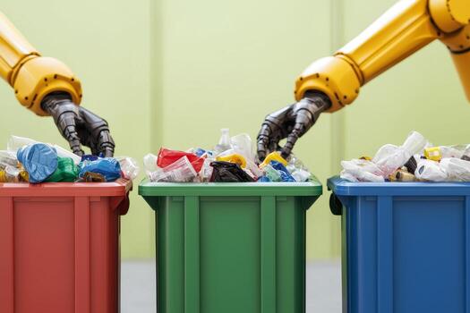 Robotic arms sorting waste into colored bins for recycling. Renewable resources and recycling supply concept. photo