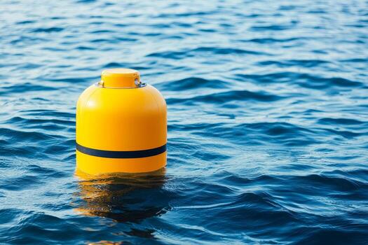 Yellow buoy floating on calm water surface. Renewable resources and wave concept. photo