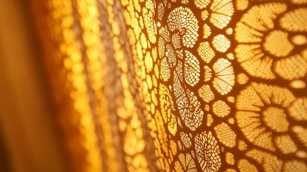 Intricate lace pattern illuminated by warm golden light. Golden hour and shadow play concept. photo