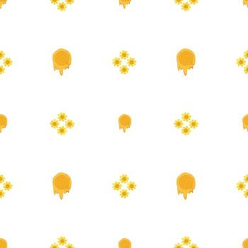 Seamless pattern with honeycombs and cute flowers with trendy hand drawn textures. Repeatable image for printing on wrapping paper and canvas, for kids, poster or banner for website. Cartoon flat vector