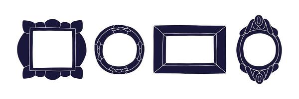 Set of decorative vintage frames in dark blue silhouette. Collection includes various shapes square, oval, and ornate. Suitable for photo frames, invitations, or digital scrapbooking vector