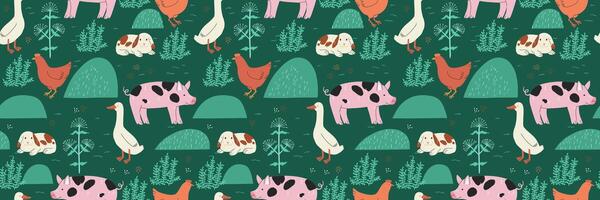 Seamless pattern with farm animals, including cows and pigs, on a green background with trees and barns. Playful and colorful rural theme, ideal for children's textiles, wrapping paper. vector