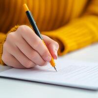 Customer experience and engagement service quality concept. Writing with a pen on a notepad, hands in focus with a warm sweater. photo