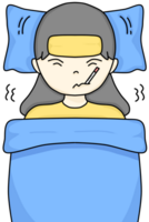 A hand-drawn cartoon of a woman lying down shivering from the cold due to the flu png