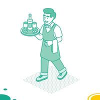 Smiling waiter. Isometric outline concept. Man in uniform holding a tray with a bottle of wine and two glasses. Restaurant business, customer service, HoReCa industry. vector