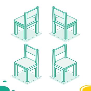 Set of four isometric wooden chair with a soft cushion seat, shown from different angles. Interior design concept, game assets, architectural visualizations, and educational materials. Outline style. vector