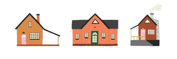 A charming set of illustrations featuring three traditional village houses in warm colors. Ideal for real estate, architecture, or rural themed design projects. vector