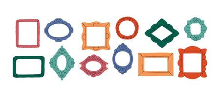 A diverse set of geometric frames in vibrant colors and shapes. Suitable for scrapbooking, invitations, photo decorations, and graphic design projects. vector