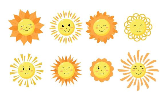 Flat Style Sun Icons with Cute Expressions. Set of eight sun icons with smiling faces and varied sunray designs in a flat, playful style on white background vector