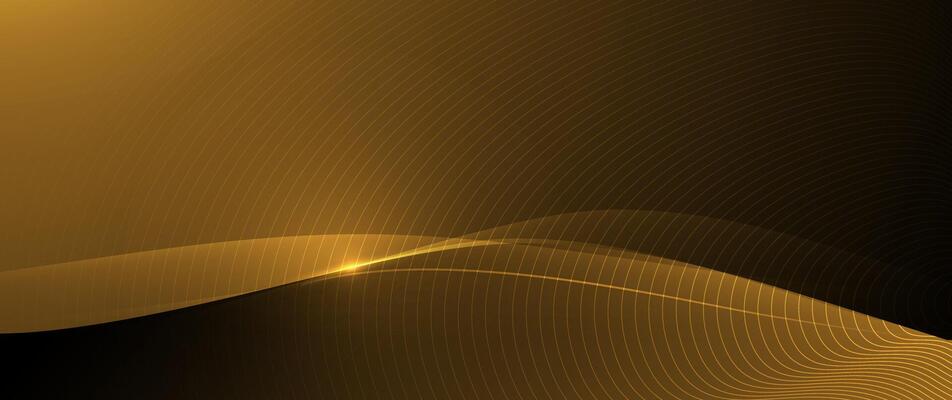 Element with gold wave line, glow neon light effect on dark, black color background. Graphic design for technology banner template