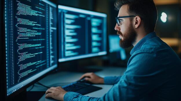 Business analytics and data science with predictive insights. A man coding on multiple screens in a dimly lit office space. photo
